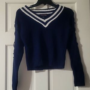 Navy Blue, White Collar V-Neck Sweater with Laceup Open Sleeves